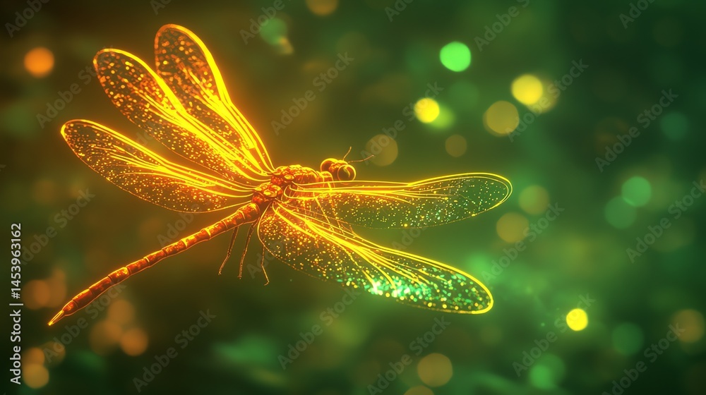 custom made wallpaper toronto digitalDigital illustration of a vibrant, orange dragonfly against a dark, bokeh-filled green background.