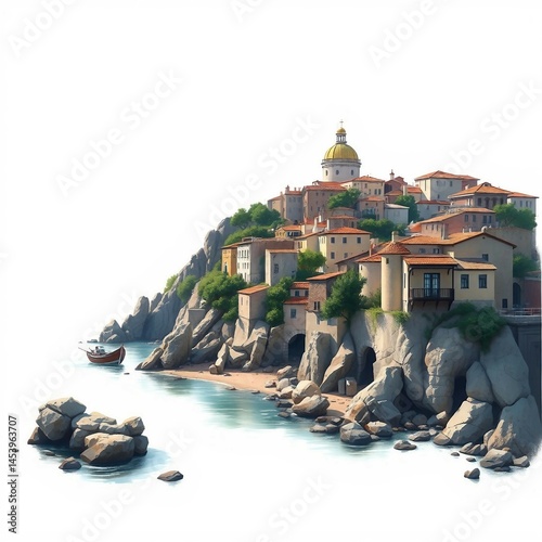 Charmante mediterrane Gebäude mit roten Dächern an einem Flusslauf zwischen Felsen und grüner Vegetation. photo