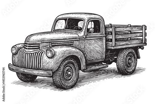 Retro farm truck woodcut engraving vector illustration