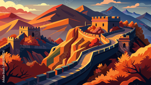 A painting of a mountain range with a long wall in the middle. The wall is orange and brown
