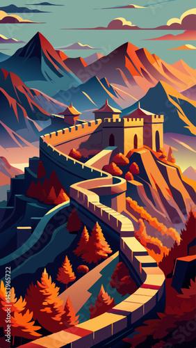 A painting of a mountain range with a long wall in the middle. The wall is orange and brown