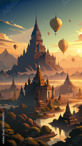A painting of a city with many buildings and hot air balloons. The mood of the painting is peaceful and serene
