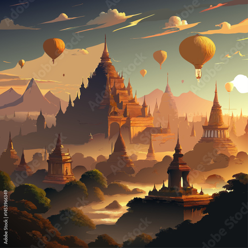 A painting of a city with many buildings and hot air balloons. The mood of the painting is peaceful and serene