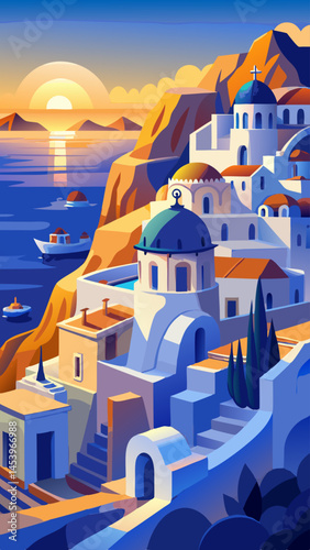 The painting depicts a picturesque town with a blue sky and a body of water in the background. The town is filled with white buildings, including a church and a few other structures