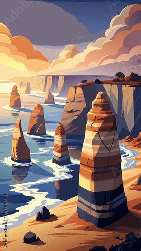 A beautiful landscape of a rocky shore with a cliff and a beach. The sky is cloudy and the sun is setting