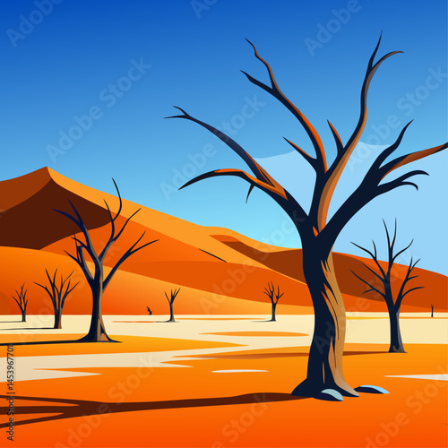 A desert scene with a few trees and a mountain in the background. The trees are bare and the sky is blue