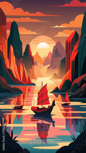 A red boat sails on a lake in front of mountains. The sky is orange and the sun is setting