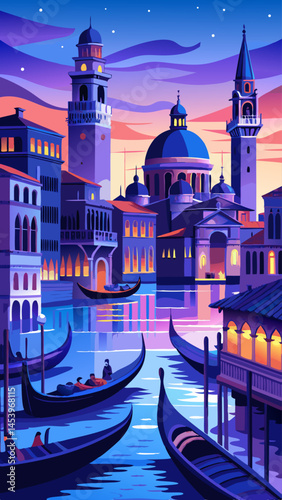 A painting of a city with a church in the background. The sky is blue and the water is calm