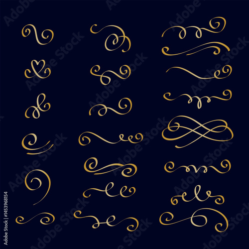 Elegant Gold Hand-Drawn Swirl Divider Elements on Dark Background for Decorative Use. Ornament collection