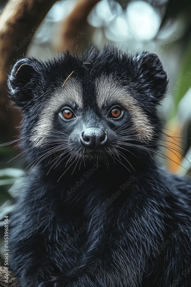 Obraz premium Binturong portrait. Dark fur, prominent whiskers, focused gaze with orange eyes