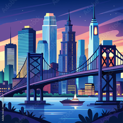 A beautiful cityscape with a large bridge spanning across a river. In the water below, a boat can be seen, adding a sense of movement and life to the scene