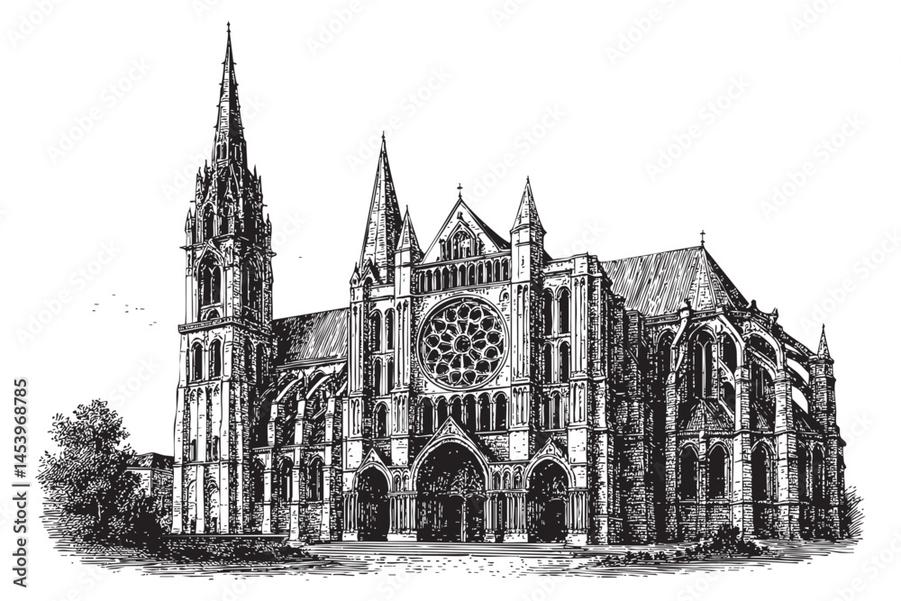 Fototapeta premium Chartres Cathedral, France woodcut engraving vector illustration