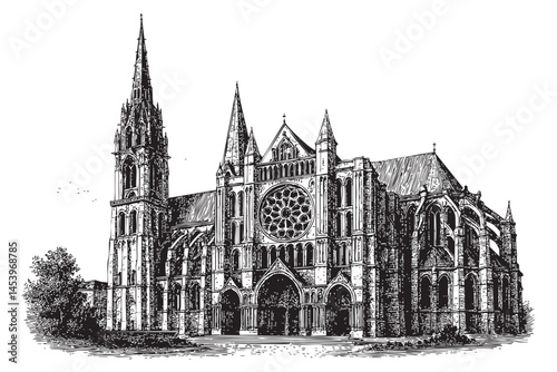 Chartres Cathedral, France woodcut engraving vector illustration
