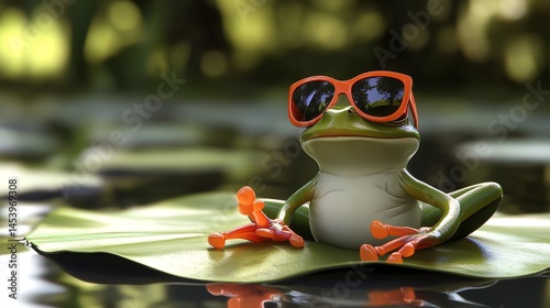 Digital illustration of a frog wearing orange sunglasses, sitting on a green lily pad.
