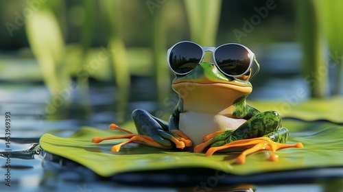 Digital illustration of a frog wearing sunglasses on a green lily pad, reflecting in calm water.