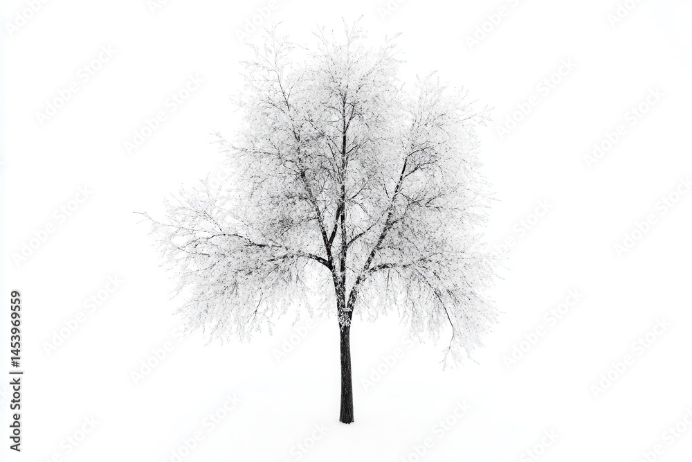 Obraz premium Snow-covered tree stands alone in a white landscape, evoking tranquility and solitude