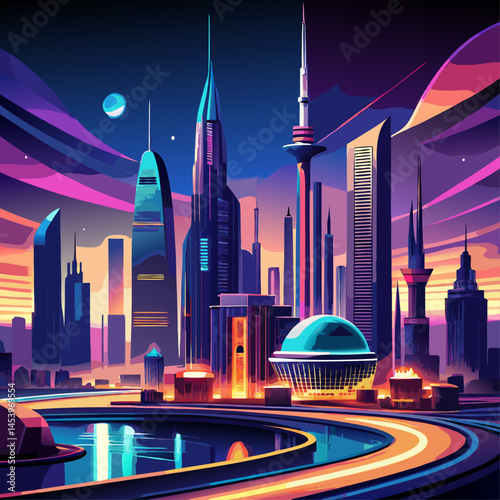 A cityscape with a large building in the middle and a bridge in the background. The sky is dark and the city is lit up at night