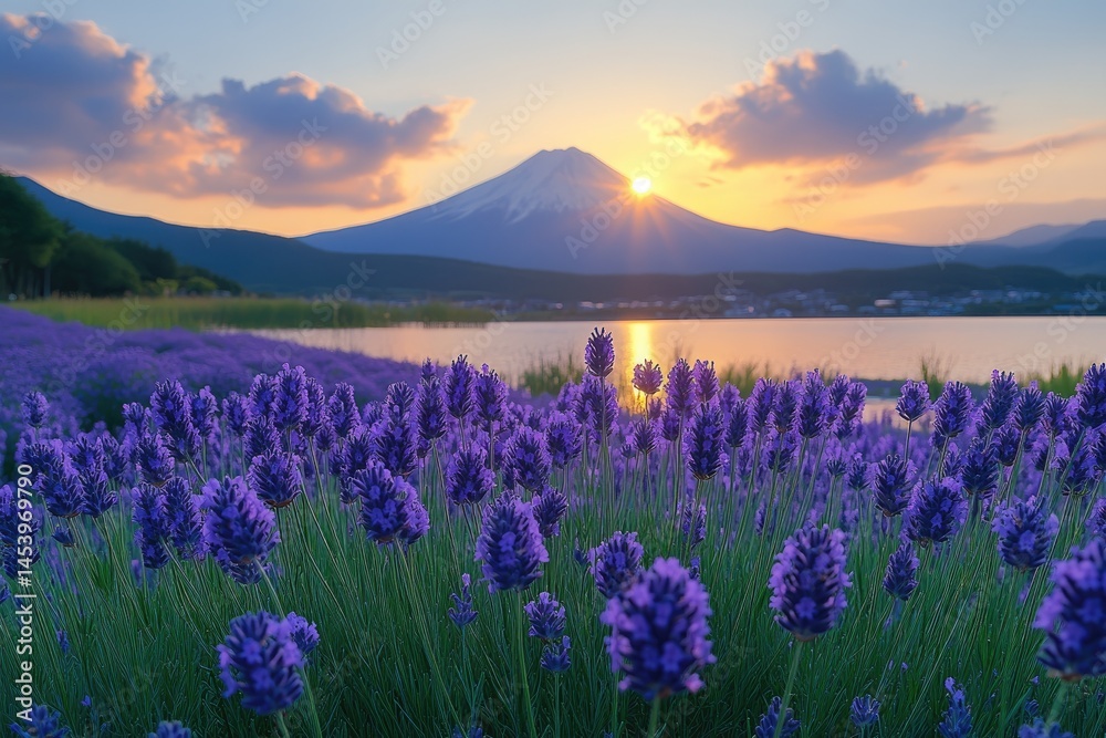 Fototapeta premium Serene lavender field panorama at sunrise with mountain backdrop.