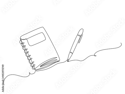 Minimalist continuous one line drawing of a spiral notebook and ballpoint pen, simple office or study supplies sketch in modern abstract style. isolated on white, Vector Editable stroke