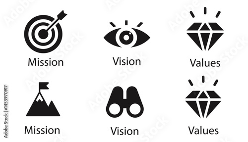 Vision, mission and values editable stroke outline icons set isolated on white background flat vector illustration