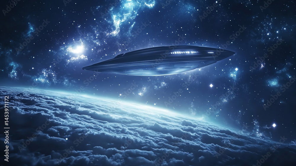 Obraz premium Digital illustration depicts a sleek, dark aircraft soaring through a star-filled nebula landscape.