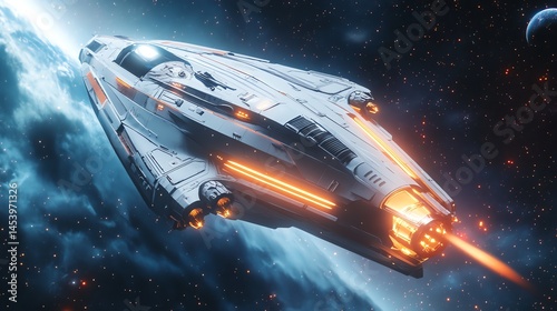 Wallpaper Mural 3D render of a sleek, white spaceship with orange exhaust, soaring through a nebular space. Torontodigital.ca