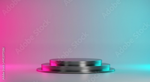 Clean modern studio scene featuring a low polished silver cylindrical podium softly lit with vibrant magenta and cyan light sources. Product display.