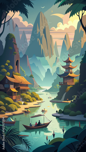 A man is in a boat on a river, surrounded by mountains and trees. The scene is peaceful and serene, with the man enjoying the beauty of nature