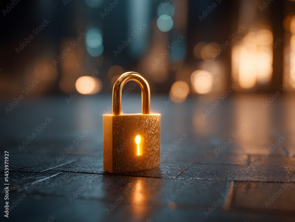 Fototapeta premium Golden Padlock with Glowing Keyhole on Dark Background