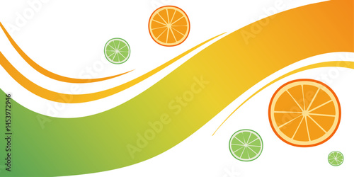 Abstract design with bright colors and moving shapes. Illustration with citrus fruits and flowing lines.