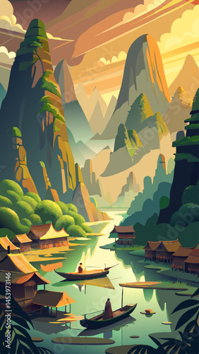A man is on a boat in a river surrounded by mountains. The scene is peaceful and serene, with the sun setting in the background