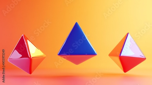 3D render showcasing three reflective pyramids against a vibrant orange background.