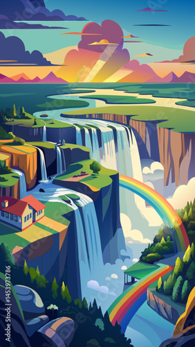 A painting of a mountain range with a rainbow bridge over a waterfall. The painting is full of vibrant colors and has a sense of wonder and awe