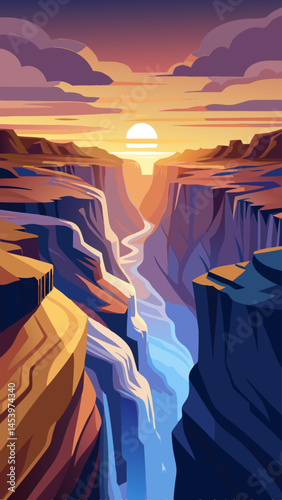 A beautiful landscape with a waterfall and a river. The sky is orange and the sun is setting