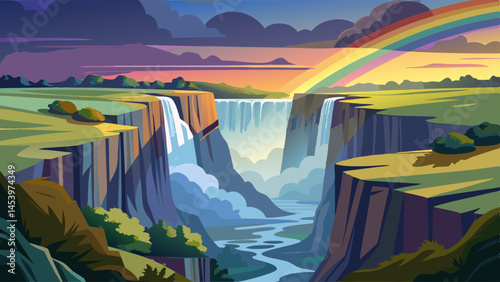 A beautiful landscape with a waterfall and a rainbow. The sky is cloudy and the colors are vibrant