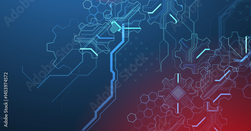 Stylized view of gears integrated with microcircuits. Concept of combining mechanics and electronics. Vector