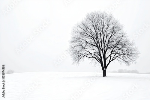 Solitary tree standing in a snowy landscape under a gray sky with distant hills