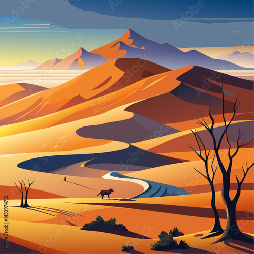 A mountain range with a river running through it. A horse is walking along the river. The scene is peaceful and serene