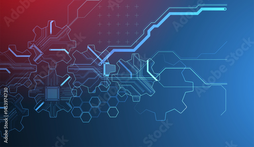 Stylized view of gears integrated with microcircuits. Concept of combining mechanics and electronics. Vector