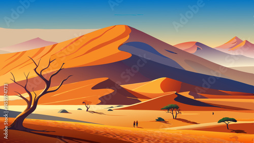 A mountain range with a river running through it. A horse is walking along the river. The scene is peaceful and serene