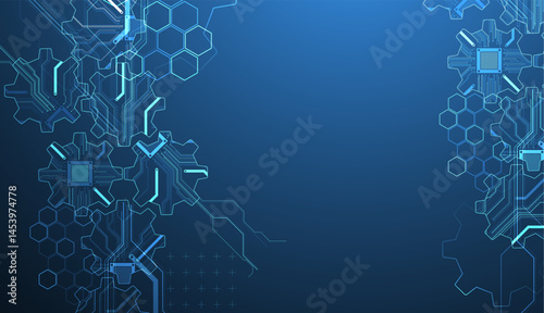 Stylized view of gears integrated with microcircuits. Concept of combining mechanics and electronics. Vector