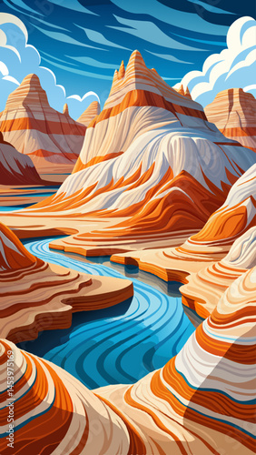 A mountain range with a large white peak and a river running through it. The mountains are orange and white, and the sky is blue