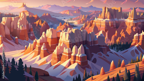 A beautiful landscape of mountains and canyons with a river running through it. The sky is a mix of orange and pink hues, creating a serene and peaceful atmosphere