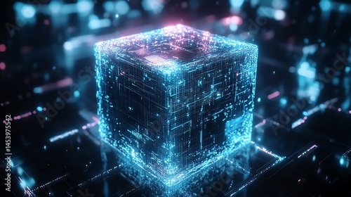 3D render of a glowing, intricately-detailed cube overlaid with digital circuitry and light particles.