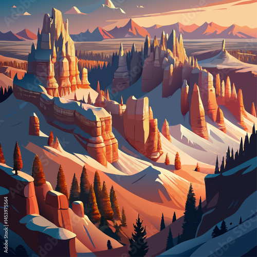 A beautiful landscape of mountains and canyons with a river running through it. The sky is a mix of orange and pink hues, creating a serene and peaceful atmosphere