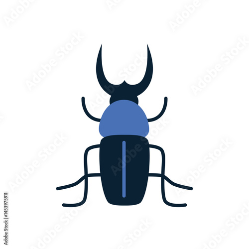 Blue beetle with straight horns. Vector illustration isolated on white background, hand drawn, flat design