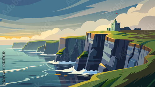 A painting of a cliff overlooking the ocean with a bird flying in the sky. The mood of the painting is serene and peaceful