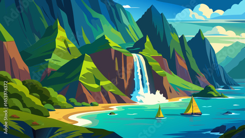A mountain range with a waterfall and a beach. The mountains are green and the waterfall is white. There are two sailboats in the water