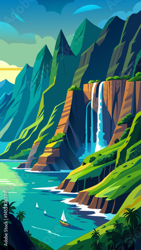 A mountain range with a waterfall and a beach. The mountains are green and the waterfall is white. There are two sailboats in the water