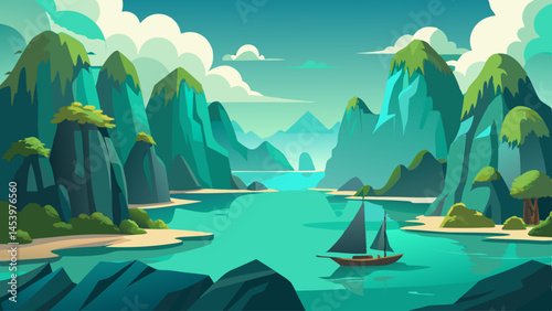 A boat sails on a lake in a mountainous area. The mountains are green and the sky is blue